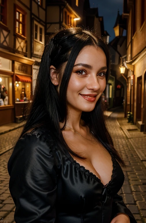 Eine geschmeidige, beautiful gothic woman with long black hair (Pony-Haarschnitt), Messingaugen, Sweet smile, wears a dark red elegant dress, leerer, candlelit medieval street background