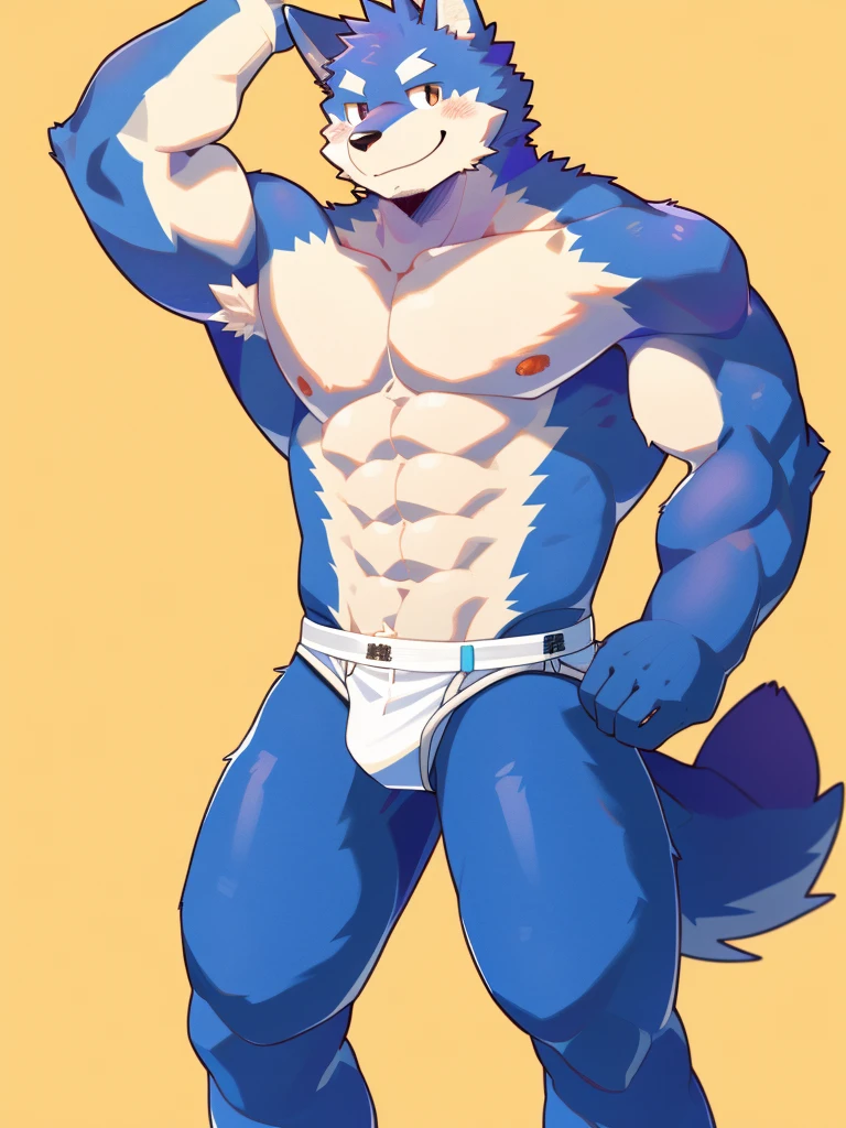 Scribble wolf face, cute face, kemono, (blue wolf), naked, himbo, smile, simple background, high res, best quality