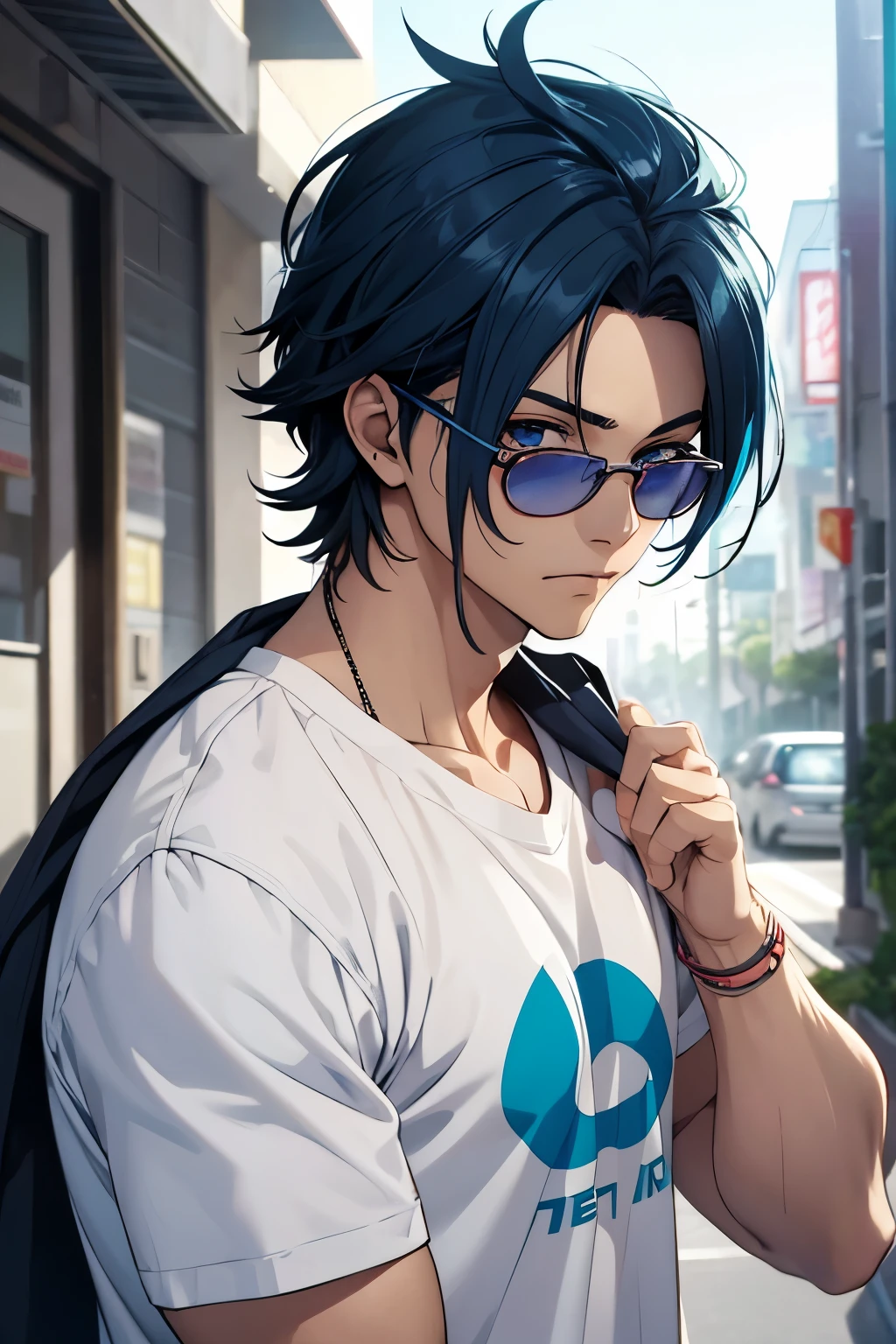 1chico, hombre, chico con cabello azul claro, cabello azul claro, fitnes, con lentes, jovencito, anime, estilo anime, rostro de sasuke, cuerpo completo, camisa sin mangas