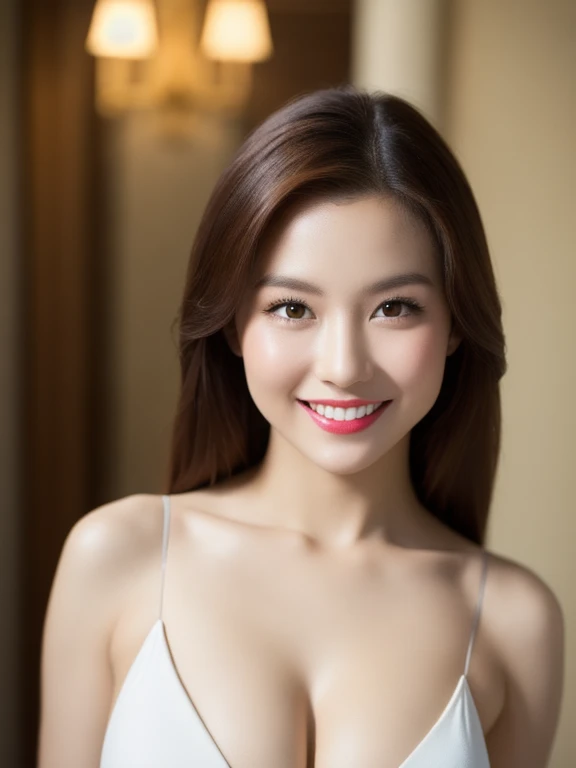(realistic、masterpiece、Best Quality、8K、highres、high resolution:1.3)、1 glasses girl、 Huge 、smile, white bikini、pale white skin、looking at viewers、super fine face and eyes、long hair、indoor、 upper body、