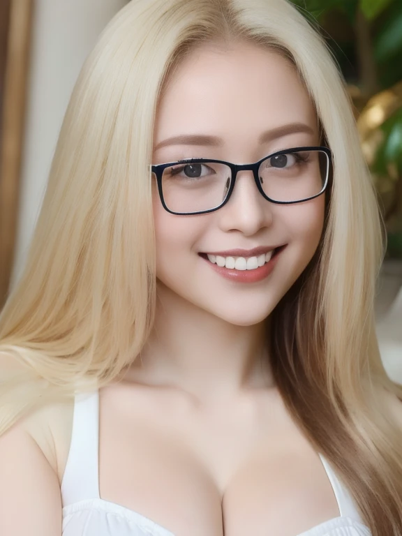 (realistic、masterpiece、Best Quality、8K、highres、high resolution:1.3)、1 glasses girl、 Huge breasts、smile, white bikini、pale white skin、looking at viewers、super fine face and eyes、long blonde hair、indoor、 upper body、