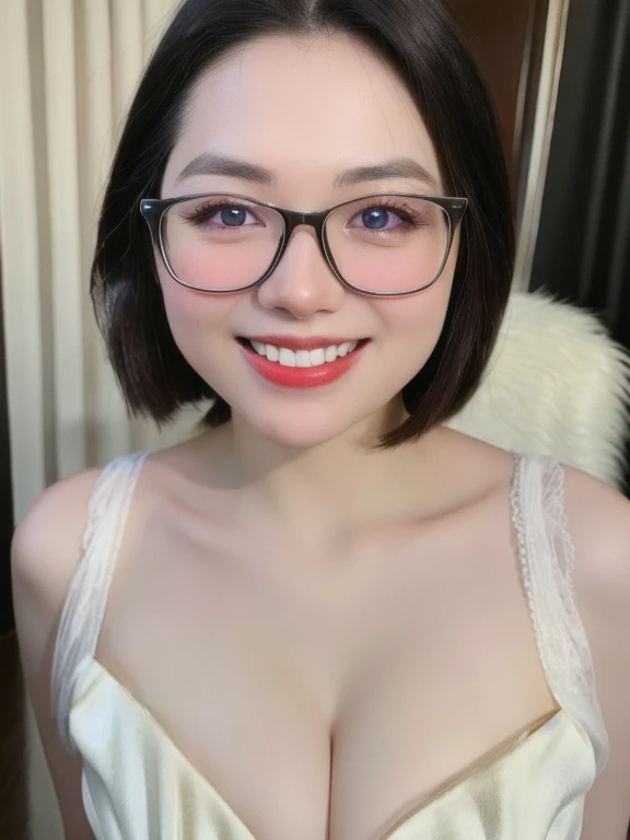 (realistic、masterpiece、Best Quality、8K、highres、high resolution:1.3)、1 glasses girl、 Huge breasts、smile, white bikini、pale white skin、looking at viewers、super fine face and eyes、long hair、indoor、 upper body、