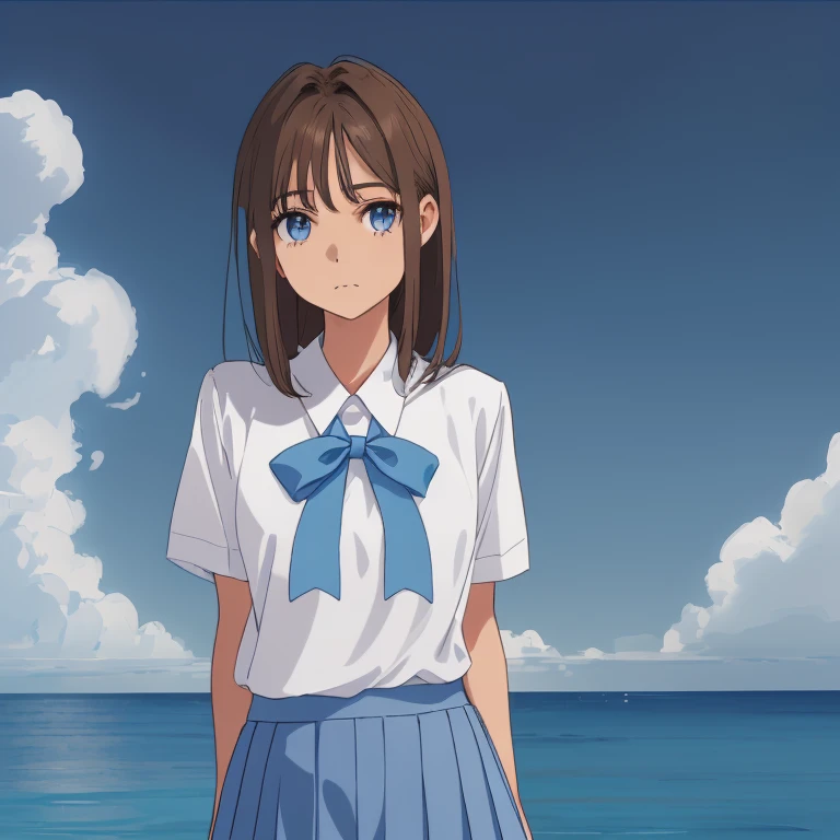 1girl, solo, standing upright, (hands down), ((from front:2)), medium brown hair, closed mouth, small breasts, flat chest, arms behind back, white shirt, sea-blue skirt, blue pleated skirt, 街,