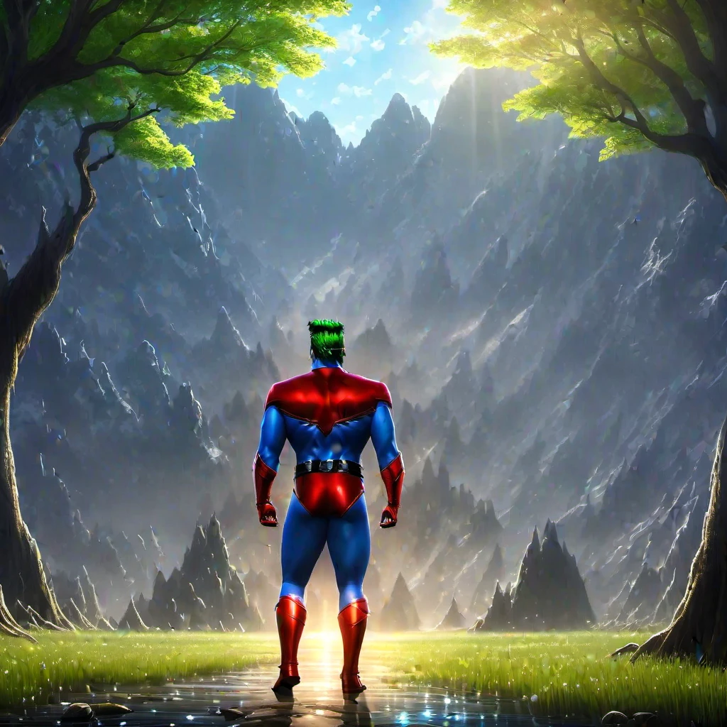 (masterpiece, best quality:1.2), 1man, solo, hero, standing in a forrest, sunlight, smiling, high detailed, symmetrical, perfect nature, super hero, strong hero, sun in the sky, beautiful nature, centered, close up portrait
