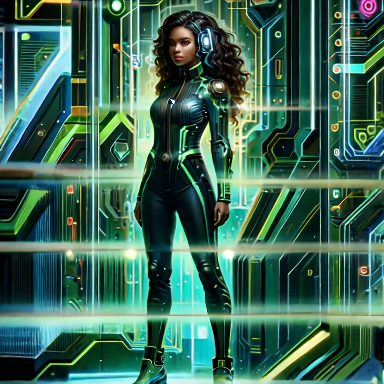 (masterpiece, best quality:1.2), 1girl, solo
attractive young black woman (((full body))), with headphones on, (long curly dark hair), semi realistic, she is an expert in digital and technological communications, her clothes are cyberpunk with green colors, technological background with computers and screens