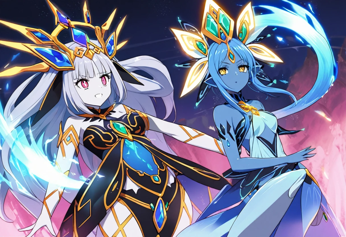 (2 subjects) (Subject 1: Cryptic girl in an action pose descending from the sky) and her companion (subject 2: a blue skinned water nymph, jewel adorned) combine their powers to fire an energy