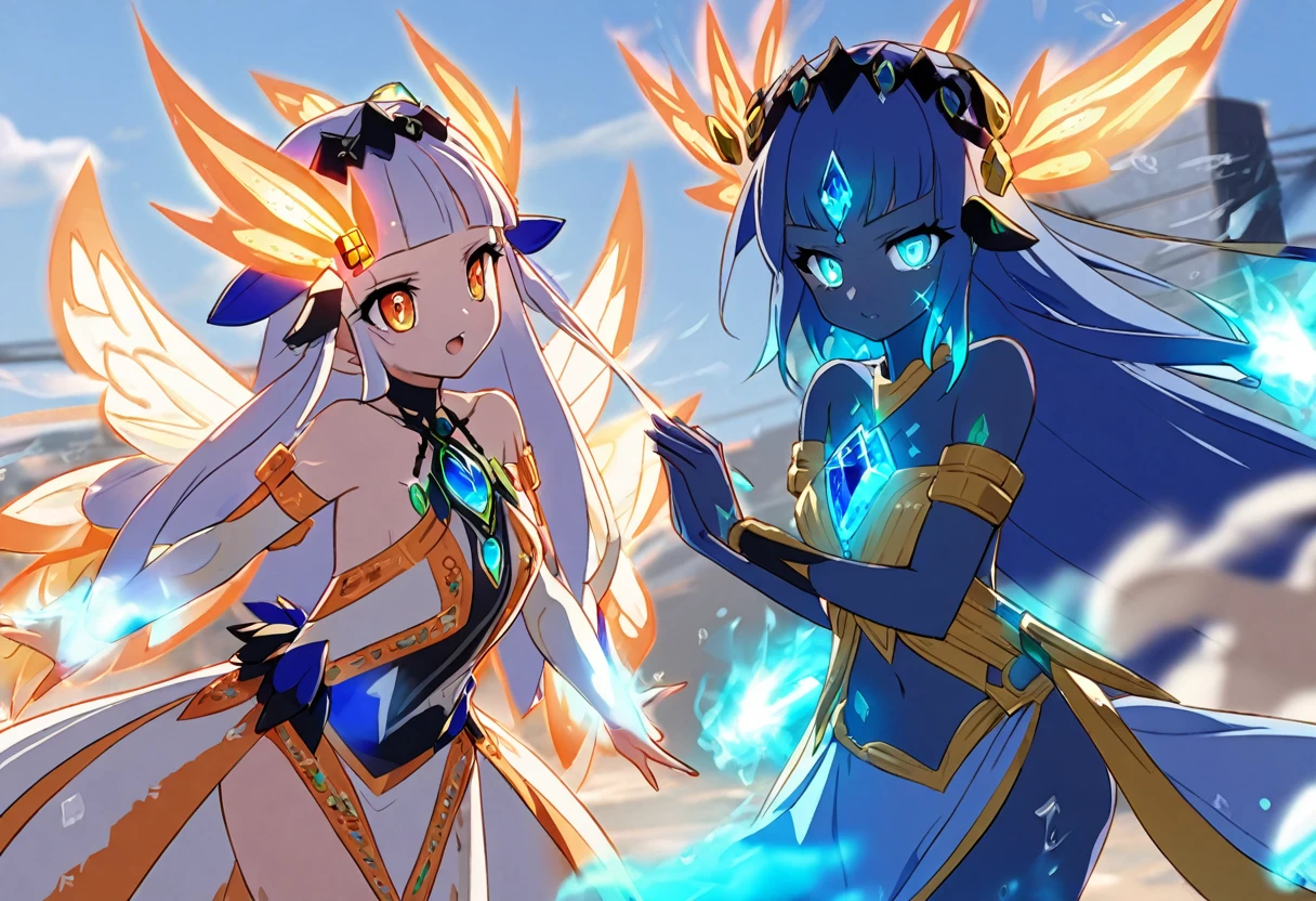 (2 subjects) (Subject 1: Cryptic girl in an action pose descending from the sky) and her companion (subject 2: a blue skinned water nymph, jewel adorned) combine their powers to fire an energy