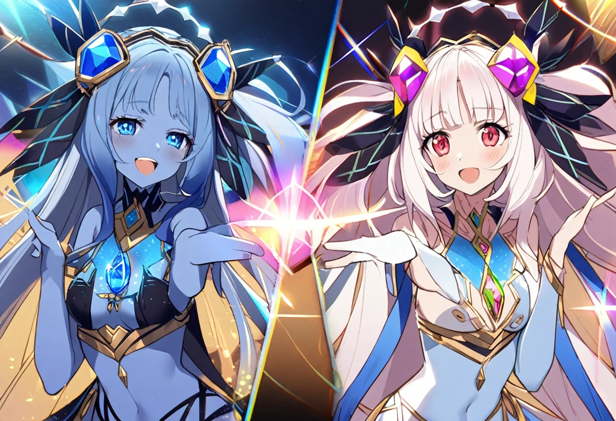 (2 subjects) (Subject 1: Cryptic girl in an action pose descending from the sky) and her companion (subject 2: a blue skinned water nymph, jewel adorned) strike a victory pose