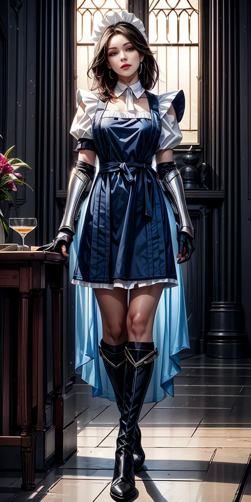 Full body standing straight symmetrical (mature female:1.4) (masterpiece, best quality) (maid, maid headdress, maid apron) indoors, window, best quality, high quality, dark black SKIN. Long messy hair, yellow eyes, full body, def_effie, blue breastplate, looking at viewer, shiny armor, thigh highs, high boots, shoulder armor, faulds, poleyn, red gloves gauntlets