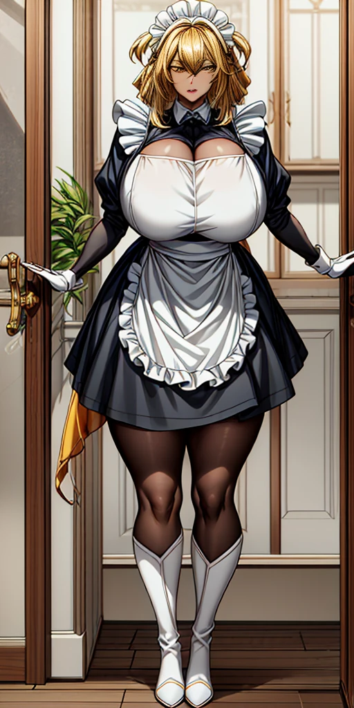 Roxanne (mature female:1.4), masterpiece, best quality (maid, maid headdress, maid apron), standing, indoors, window, masterpiece, best quality, high quality, dark black SKIN. Long messy hair, yellow eyes, full body, def_effie, blue breastplate, looking at viewer, shiny armor, thigh highs, high boots, shoulder armor, faulds, poleyn, red gloves gauntlets