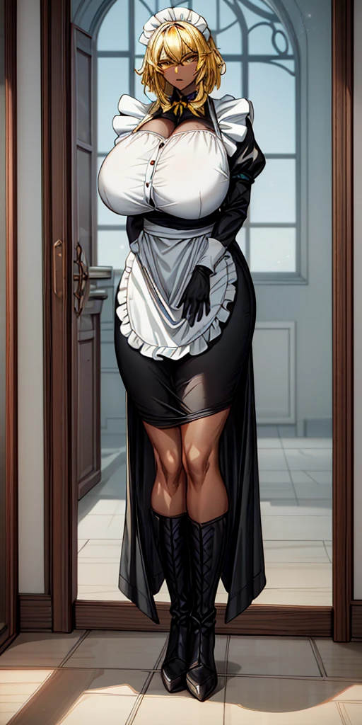 Roxanne (mature female:1.4), masterpiece, best quality (maid, maid headdress, maid apron), standing, indoors, window, masterpiece, best quality, high quality, dark black SKIN. Long messy hair, yellow eyes, full body, def_effie, blue breastplate, looking at viewer, shiny armor, thigh highs, high boots, shoulder armor, faulds, poleyn, red gloves gauntlets