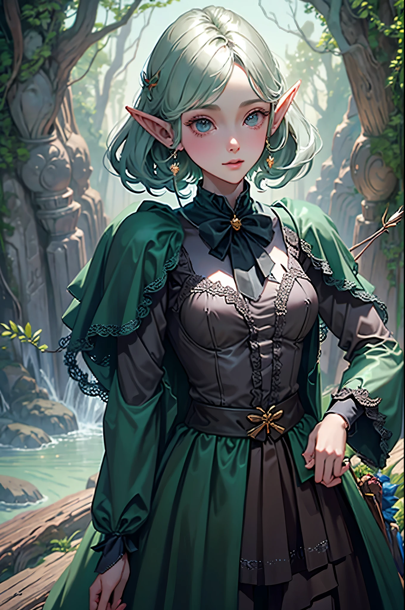 A Woman Elf in a Forest Dressed in a Forest Range Attire with Arrows and a Bow, On A Tree, Perfect Body , Perfect Face, HD