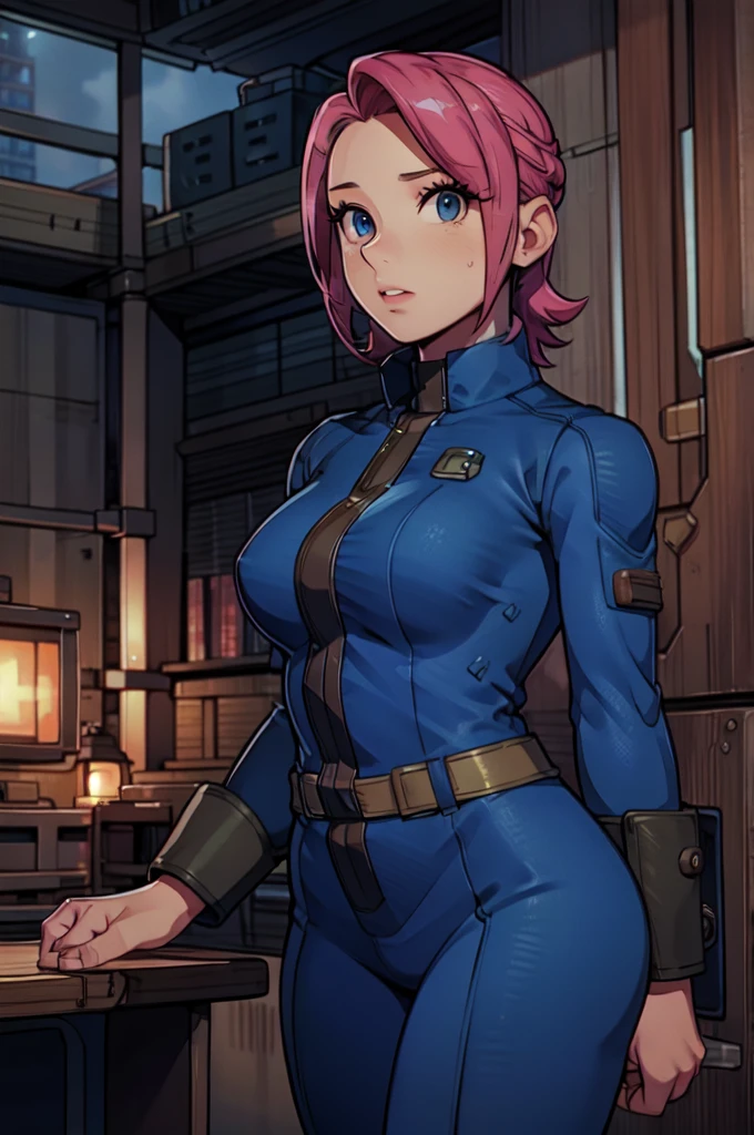 Mayl Sakurai reimagined as a vault dweller, doing maintenance in an underground vault. Her vibrant pink hair stands out against the dimly lit environment. She is a 26-year-old woman dressed in a vault dweller jumpsuit, indicative of her role in the post-apocalyptic world. The jumpsuit is worn but still functional, reflecting the harsh conditions of life underground. Her face is beautifully detailed, with expressive eyes that convey determination and intelligence. Her lips are also well-defined, adding to her overall allure.

In the vault, Mayl Sakurai is seen operating a pipboy, a wrist-worn device that serves as an essential tool and information hub for survival in the vault. The pipboy's screen emits a soft glow, illuminating Mayl's face and casting a subtle green hue on the surroundings. The details on the pipboy, from its buttons to its display, are extremely detailed, showcasing its futuristic design.

The underground vault is filled with mechanical equipment and pipes, emphasizing the importance of maintenance in this post-apocalyptic world. The atmosphere is gritty and industrial, with a hint of mystery and danger. The lighting is dim and has a hint of blue tones, enhancing the underground ambiance.

Despite the grim surroundings, Mayl Sakurai exudes confidence and strength as she jumps into action, ready to fulfill her duties as a vault dweller. Her posture and expression suggest that she is prepared to face any challenge that comes her way.

The image quality should be at its best, with 4K resolution and ultra-detailed rendering, capturing every intricate detail of the scene. The colors should be vivid, emphasizing the contrast between Mayl's vibrant pink hair and the dimly lit environment. The overall style should lean towards a post-apocalyptic concept art aesthetic, blending realism with a touch of fantasy.

In summary, the Stable Diffusion prompt for the provided theme would be:
Mayl Sakurai reimagined as a vault dweller, doing maintenance in an undergr