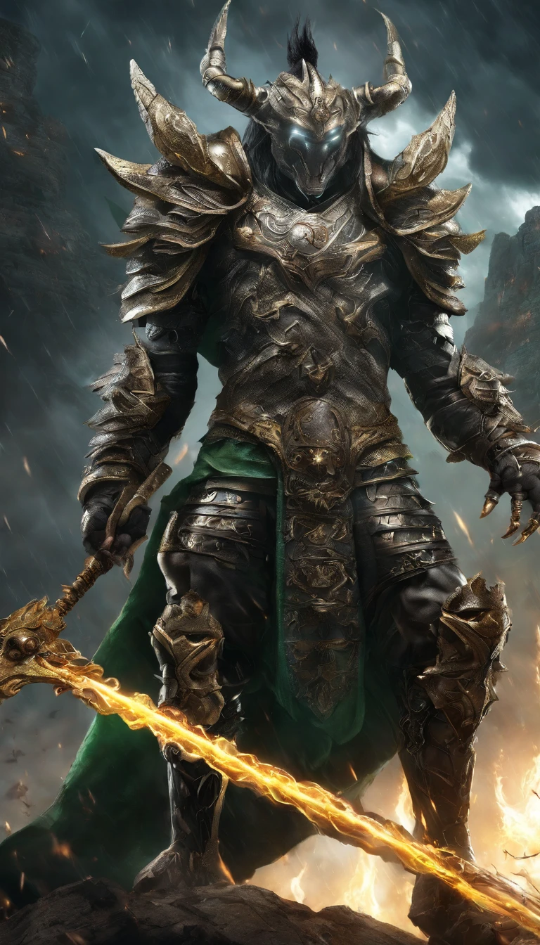 This warrior wearing an exoskeleton armor,Holding a diamond meteorite double-edged spear,The blade of the gun was filled with a chilling cold air.,There are countless dragon-like lightning circling around the gun.,The crackling sound of thunder-like explosion,The black armor and silver helmet have many teeth like steel blades embedded in the front of the helmet.,Looks like a demon with green face and fangs,There is an electric light disk hanging behind,Hanging in the Dharma Plate is a nine-section whip that looks like a crocodile's tail.,There is a sense of permeability outside。
His skin is filled with silver-gray color similar to crocodile scales and is filled with alloy armor.,Exuding a majestic black aura,I saw the dazzling power of thunder flashing in the black air.,Soul-stirring。
He stepped on two lightning wheels, like the reincarnation of Nezha.,The golden sparks mixed with lightning flashes hanging high in the air further highlight his majestic and heroic appearance.,He gently turned the silver spear in his hand,Suddenly, the surrounding environment was covered with dark clouds.,Flying sand and rocks, stars and lightning。