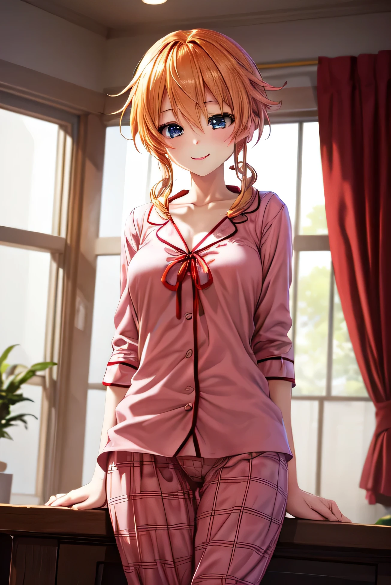 masterpiece, best quality, absurdres, perfect anatomy, 1girl, solo, YamaiYuzuru, , red ribbon, sexy pyjamas , smile, 