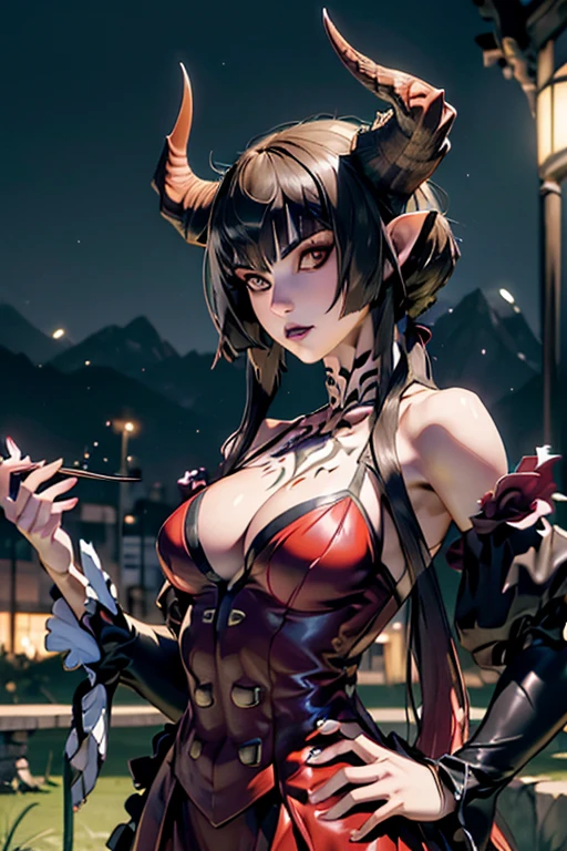 ((Realistic lighting, melhor qualidade, 8k, obra de arte: 1.3)), Foco claro: 1.2, Eliza From Tekken, figura perfeita: 1.4, Abdominais magros: 1.1, ((cabelo curtos escuro)), (blusinha com decote: 1.4), (de sainha curta preta), (ar livre, noite: 1.1), ruas da cidade, Rosto super fino, belos olhos, Palpebras duplas