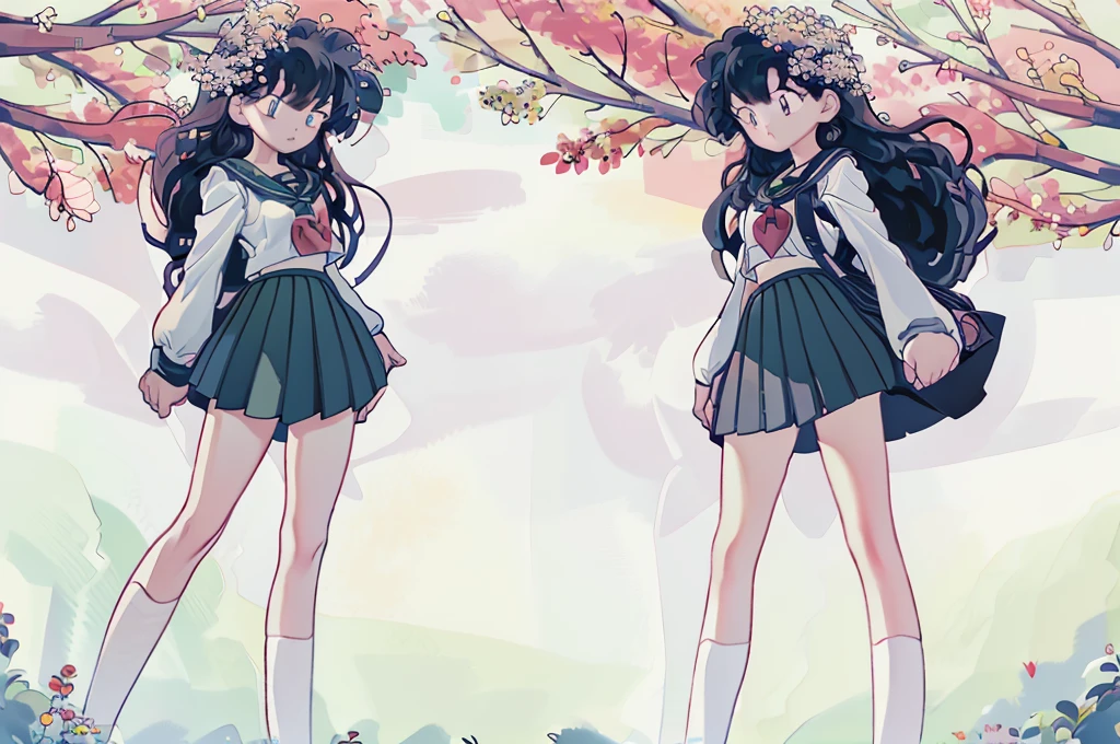 1girl, bird, long hair, outdoors, solo, blue eyes, pink flower, flower, black footwear, day, petals, bag, stairs, long sleeves, white socks, shoes, sky, bangs, cherry blossoms, sailor collar, hair flower, blue sky, standing, bow, tree, 1girl, cute, stars, clouds, (golden fishes, Pisces), masterpiece, best quality, masterpiece, best quality, cute, under tall trees, trees, streams of light, kagome, green skirt, school girl sailor uniform, black hair, watercolor paiting、Pale shades、Beautiful colors、parfect anatomy、cowboy shot、Cute, obra de arte, melhor qualidade, high resolution, Serena, cabelo curto, olhos azuis, 1 garota, Sozinho, fita azul, eyelash, coxas pretas, neck ribbon, sem mangas, franja, clavicle, bare arms, vestido rosa, casaco vermelho, ao ar livre, de cima, campo, grama,