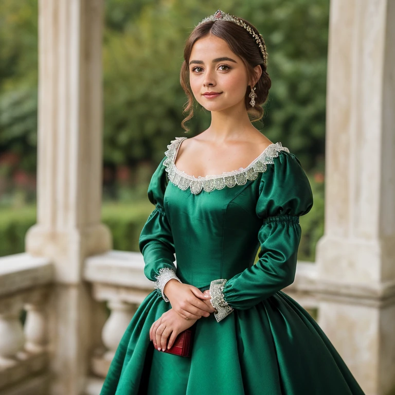 (best quality, 4k, 8k, High Resolution, Meisterwerk:1.2), ultra-detailed, (fotorealistisch:1.37), ((best quality)), ((Meisterwerk)), (detailed), ((Jenna Coleman as a cultured little lady from the Elizabethan era, Which, in a sumptuous, herrschaftlichen Garten im strahlenden Sonnenschein steht)), ((Enigmatic smile)), perfekte Augen, ((schöne hochShiny, Shiny, oiled skin)), ((Spectacular Elizabethan dress in emerald green satin and white lace)), ((Haare und Make-up im elisabethanischen Zeitalter)), ((reddened red cheeks)), ((hellrote Lippen)), ((Full body)),