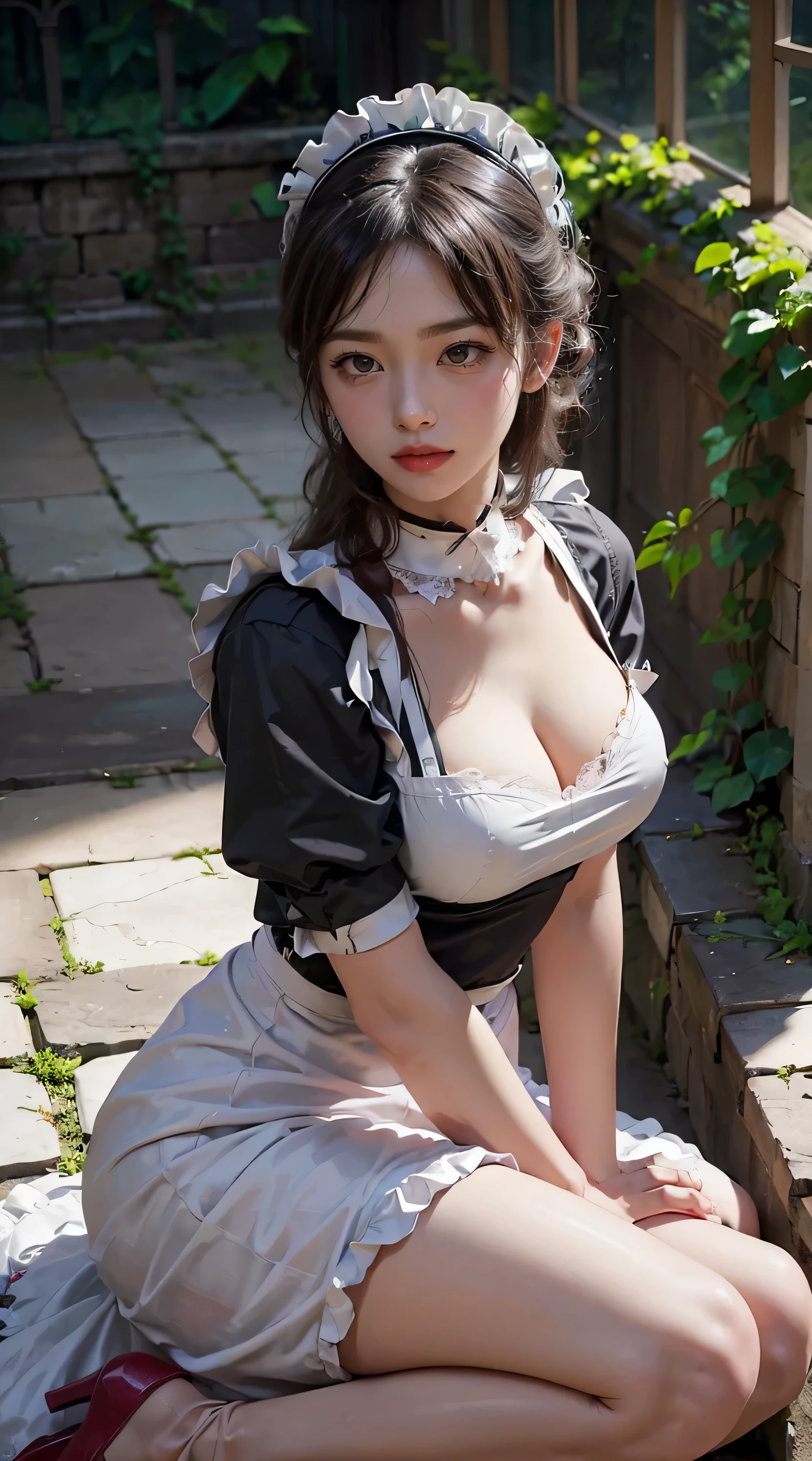 ((Beautiful maid:1.5),high resolution, top quality),Wearing a maid uniform,Gentle Touch, big bright eyes, dark and vivid curls, sweet smile, pink cheeks, soft light, in the garden, Beautiful bridge, black stockings, gatherbelt,whole body, high heel, cleavage
