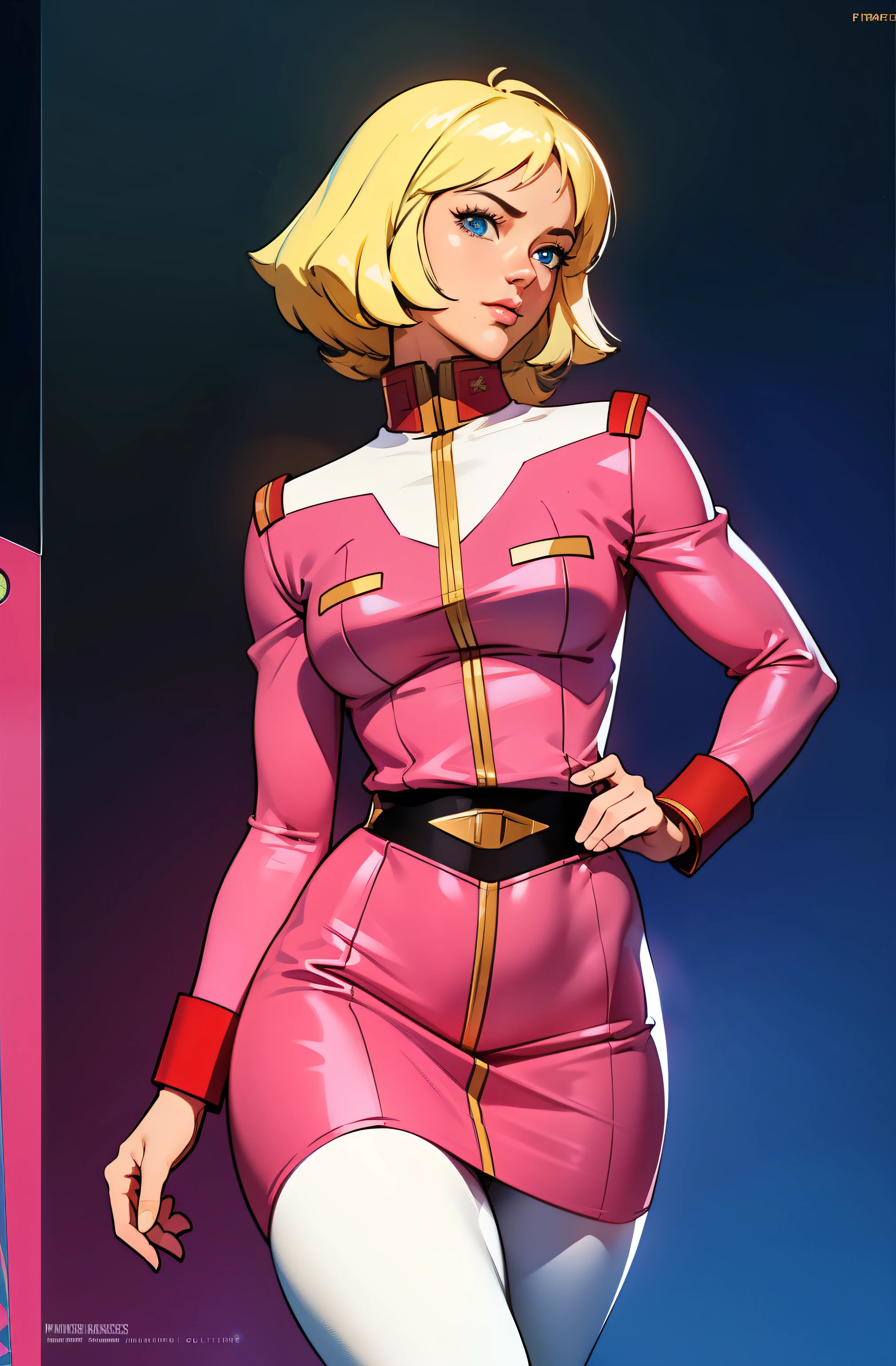((masterpiece)), ((cinematic lighting)), realistic photo、Real Images、Top image quality、1girl in, sayla mass, Elegant, masterpiece, Convoluted, slim arms, wide hips, thick thighs, thigh gaps, Best Quality, absurderes, high face detail, Perfect eyes, mature, Cowboy Shot, , Vibrant colors, soft pink uniform, soft pink Skirt, white tights, side view, looking at viewer