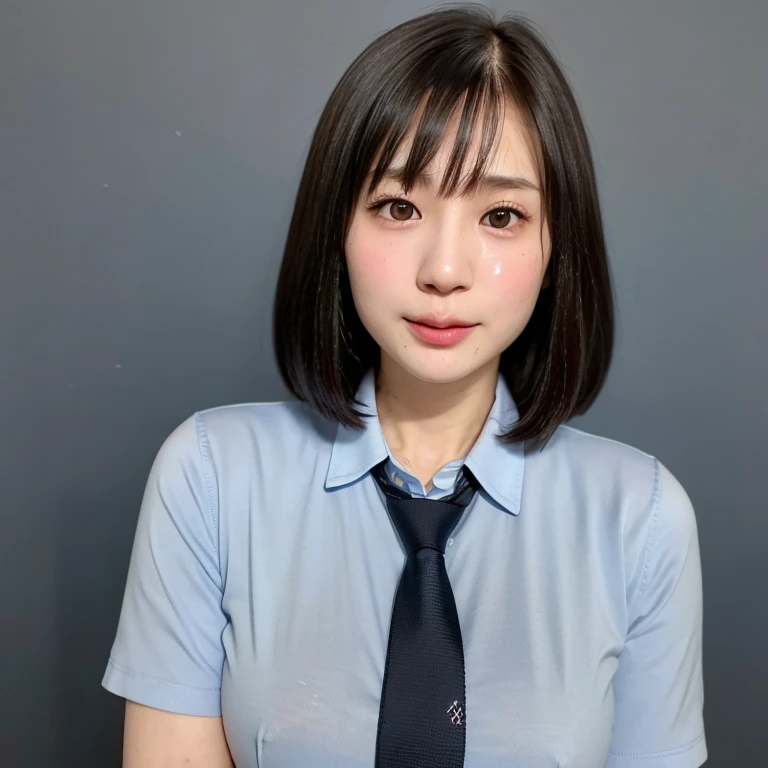 NSFW, (kawaii 24 year-old Japanese girl, Nogizaka idol, Korean idol), (glossy hair, very short hair, bangs:1.3), (beautiful black eyes, rounded face, single eyelid, no makeup:1.4), (embarrassed, noseblush, sex silly, orgasm, half opened mouth:1.5), (cum to face, semen on the face, bukkake:1.5), (wearing suit jacket, collared shirt, necktie:1.3), (extra small breasts:0.9), BREAK, (simple blue background:1.3), (view from forward, bust shot:1.3), BREAK, (masterpiece, best quality, photo realistic, official art:1.4), (UHD, 8K quality wallpaper, high resolution, raw photo, golden ratio:1.3), (shiny skin), professional lighting, physically based rendering, award winning, (highly detailed skin, extremely detailed face and eyes), Carl Zeiss 85 mm F/1.4, depth of field, 1girl, solo,