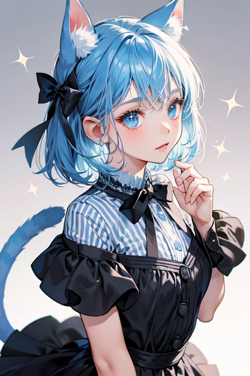 is a light blue striped girl cat with small, black ribbons on each of her ears. SPARKLE; GLITTER