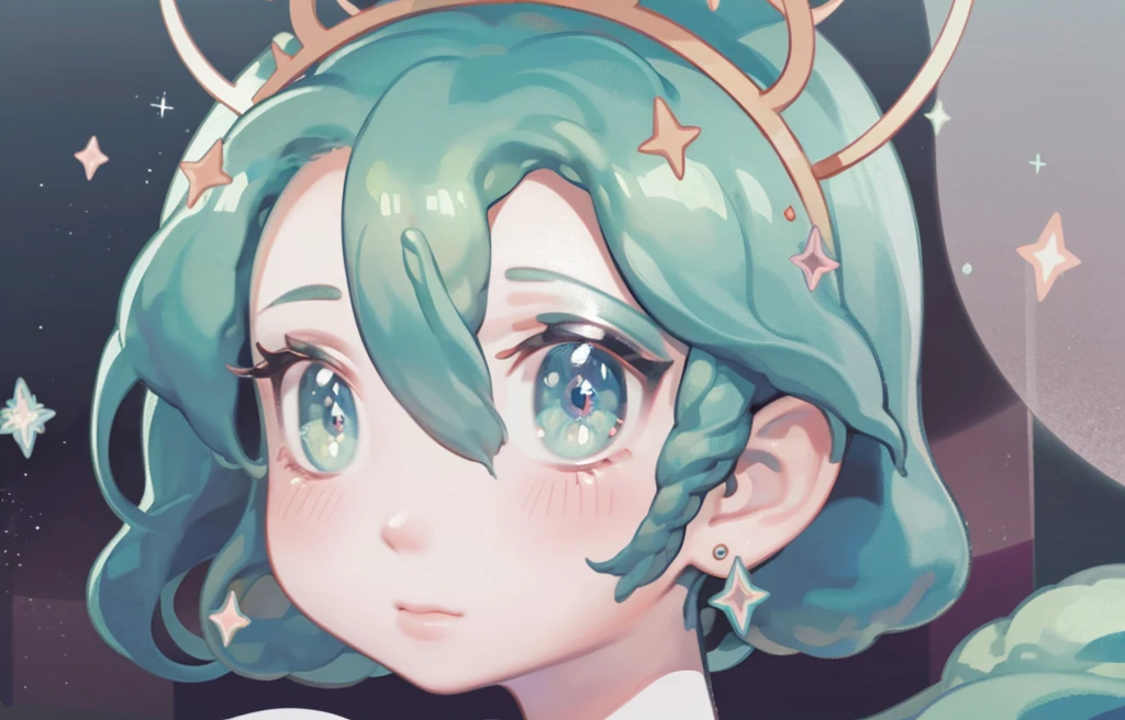 ranbow soap bubbles, 1 ((demon)) girl,chibi, (hatsune miku:1),in the night, stars, moon,(musical notes), evening, beautiful eyes,portrait,, masterpiece, best quality, angel, halo