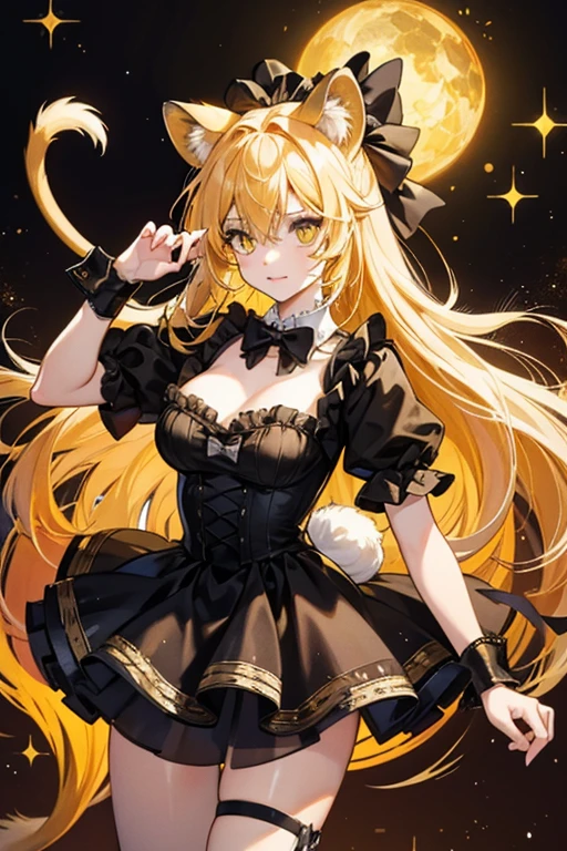 is a yellow zombie girl cat, with patches and a lion-like tail, wearing a large, black rabbit-ears ribbon. SPARKLE; GLITTER