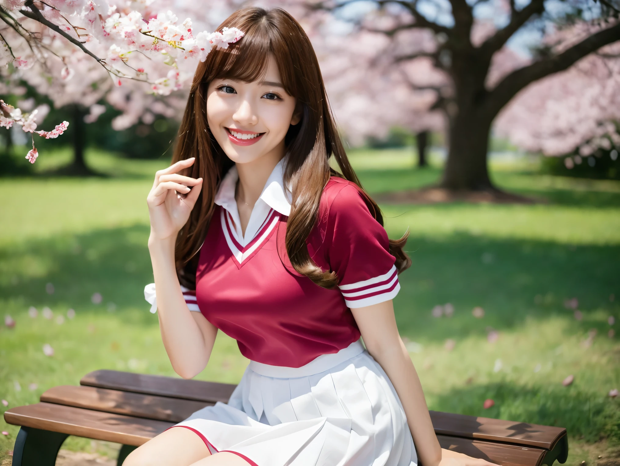 (highest quality、Tabletop、8k、Best image quality、Award-winning works)、One high school girl、16 years old、(alone:1.1)、Perfect beautiful composition、(Busty and bursting:1.2)、(Accentuate your body lines:1.2)、Slender body、(A perfect and accurate white polyester shirt:1.1)、(Navy Pleated Skirt:1.1)、(Red uniform ribbon on chest:1.1)、(sitting on a park bench:1.1)、(Bold Thick Legs:1.2)、(One of the most natural and perfect benches:1.2)、(The most accurate bench, Perfectly crafted:1.1)、(The biggest smile is looking at me:1.1)、(Smiling with perfect beautiful teeth:1.1)、(Beautiful park background with strong blur:1.1)、The most natural and perfect beauty park、A perfectly maintained park、Standing Elegantly、Natural Makeup、(beautiful thick legs:1.2)、Ultra-high definition beauty face、Ultra HD Hair、Ultra HD Shining Eyes、(Ultra-high resolution glossy skin:1.1)、Super high quality glossy lip、(Accurate anatomy:1.1)、(very bright and vivid:1.1)、(Handcrafted to perfection:1.2)、Cherry tree in the distance