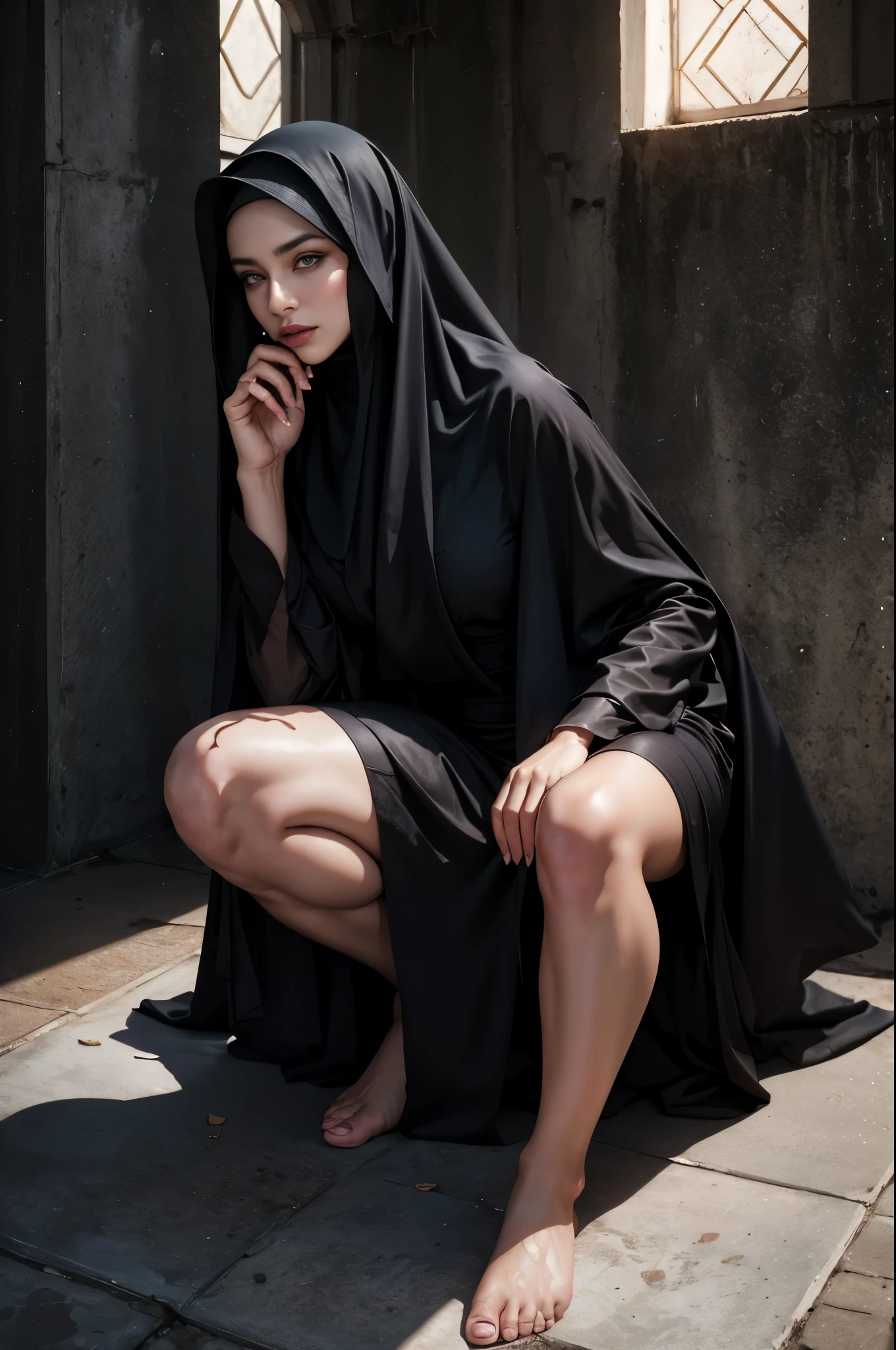 (Masterpiece, Best Quality), NSFW, (the Middle East, Muslim Woman, Arabic, Hijab, sexy bikini, G-string, stocking), 1girl, solo, see-through, (masterpiece:1.4), (RAW photo, the best quality:1.4), (high_resolution:1.4), (ultra realistic:1.5), (photorealistic:1.2), (hyper supreme extreme quality beautiful women:1.2), (supreme hyper extreme realistic skin texture:1.2), (cinematic lighting, cinematic shadow, realistic lighting, realistic shadow:1.2), smart Sharpe, hard focus, high-res, UHD, detailed hands, detailed legs, (mature female:0.5), (glossy_skin:1.2), (pale_skin), medium breasts, thin waist, wide_hips, long_wavy_hair, (ulzzang-6500-v1.1:0.7), (erotic smile:0.7), (mosque), (open_mouse:0.4), (closed_eyes:0.3), (multicolored clothes), veil, necklace, cloak, praying in Islamic mosque, wet look, sitting on her knees, horror thriller movie poster, Bauhaus, shapes, lines, Abstract, propaganda, Gothic, Cinematic poster, Vintage,