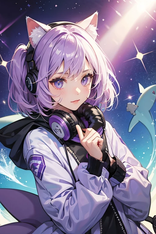 is a purple girl cat, with a sharklike white patch going down her face and front. She always has her headphones in. SPARKLE; GLITTER
