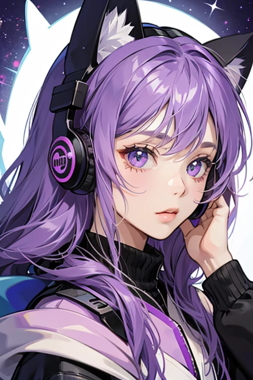 is a purple girl cat, with a sharklike white patch going down her face and front. She always has her headphones in. SPARKLE; GLITTER