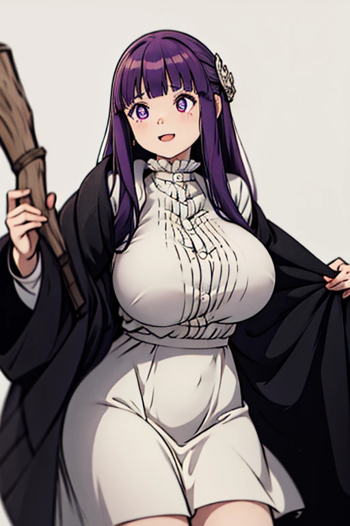 ,anime, Big Breasts, White Dress, Black long coat, smile, sexy, Big Breasts sagging under dress, Sweaty, Purple Hair,