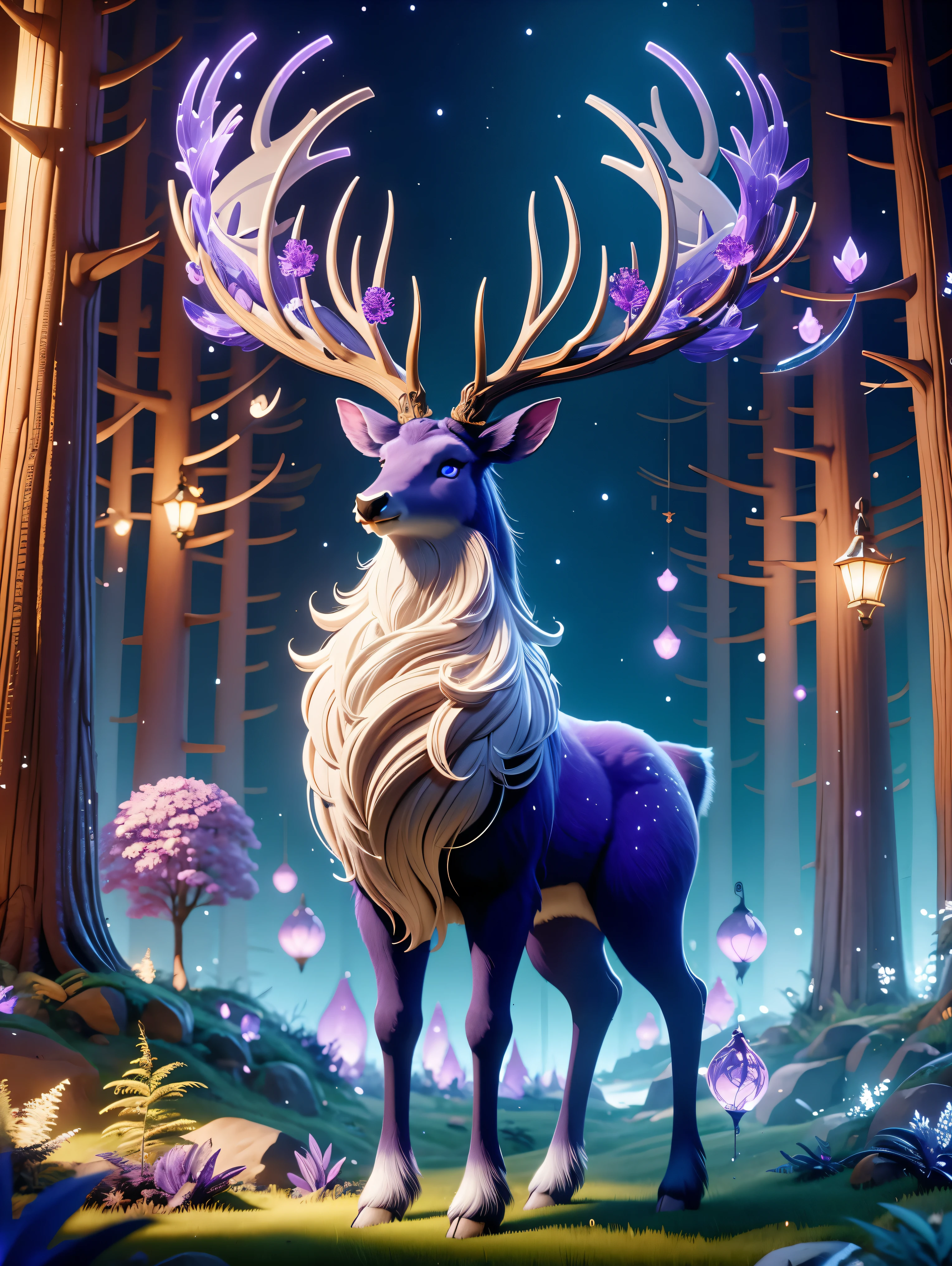 Cute and elegant elk,3D C4D rendering,cartoon,Purple antlers,Enchanted Forest,Fresh cream body,(There is a strip of dark purple fur from the top of the head to the back.),Mysterious Lights,Magic Elements