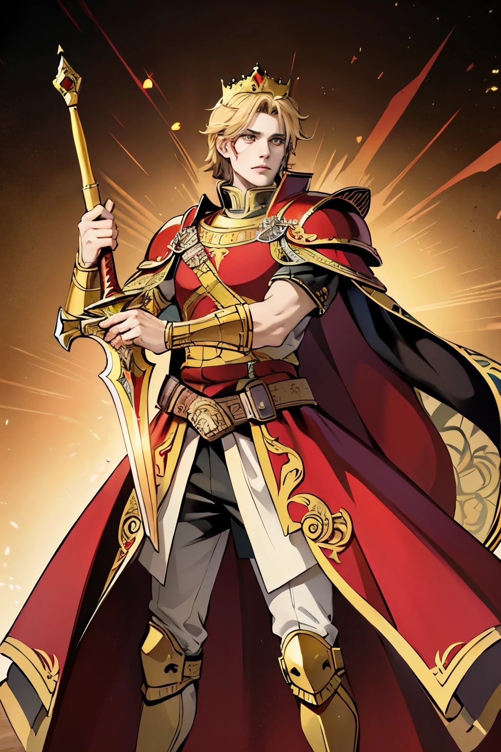 high quality, best quality, masterpiece, confident older king, with a red and gold color scheme, wearing armor and weilding a sword