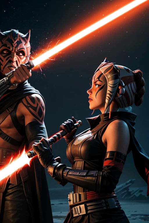 Ahsoka Tano versus Darth Maul in a lightsaber duel, sparks flying, on Mandalore