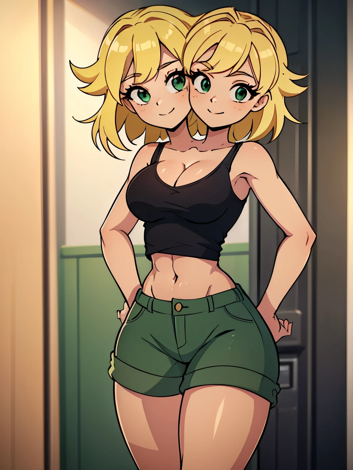 best quality, (masterpiece),(ultra-detailed), (high quality), (high resolution), ((2heads:1.5)), best quality:1.5, highres, UHD, 16K), smiling, highres, masterpiece, (blonde hair), (cleavage), (black short tank top), medium long hair, ((green denim shorts)), lustrous and smooth skin, (mature woman), (black eyes), (cute face), (exposed midriff), seductive silhouette, ((slim hips)), casual dress, sexy proportions, young girl with accentuated slender abs, long legs, seductive woman, lustrous woman, (large breasts), ((detailed eyes)), boots