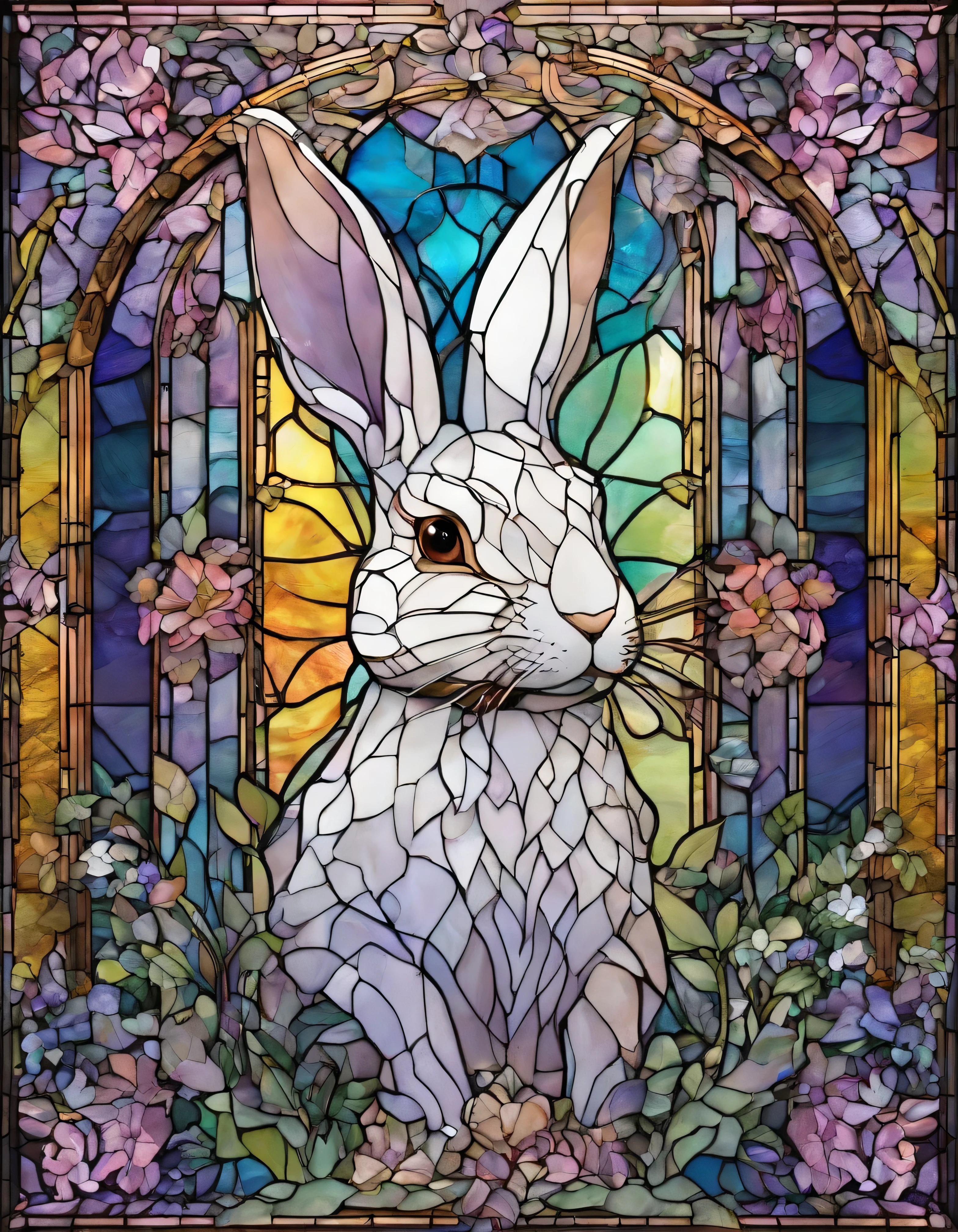 Rabbit、bunny、 Innocence、Transparent glass、very elaborate stained glass、Amethyst Crystal, Iridescent Labradorite Crystals、Intricate and highly detailed backgrounds, Fantasy, Craftsmanship, Craftsmanship detailed, Complex