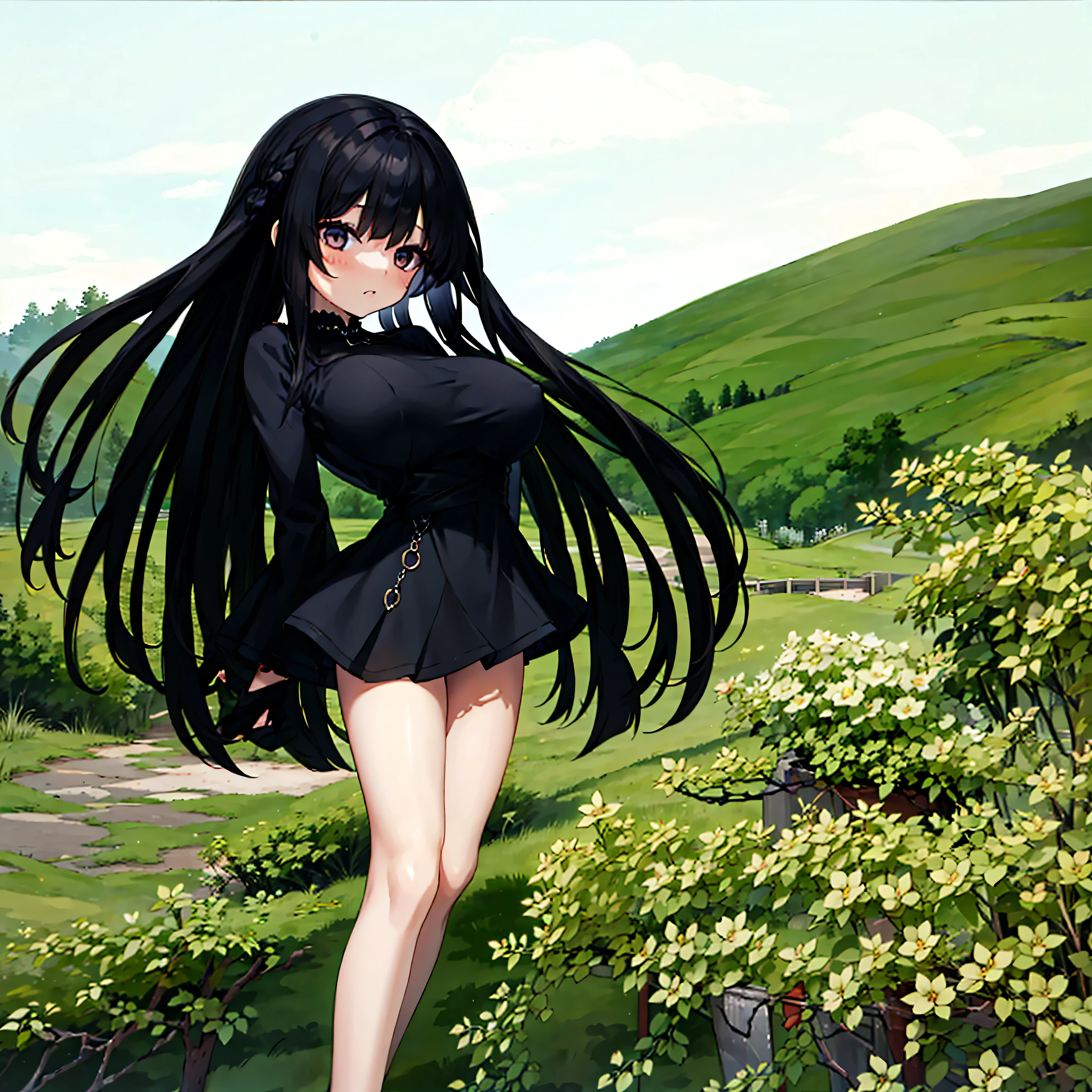 (solo), 1 skinny girl standing, blowing wind, long black hair, (jitome), swinging back, arms behind back, BREAK, huge breasts, short torso, inconceivably narrow waist, BREAK, very short black layered dress, (Gothic ta), too short skirt, BREAK, (nsfw:1.0), nose blush
