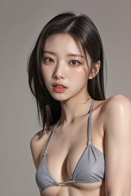 highest quality, masterpiece, Ultra-high resolution, (Realistic:1.4), RAW Photos, 1 , simple gray background, ((Micro Bikini、Upper Body、Lean forward)), Looking at the audience