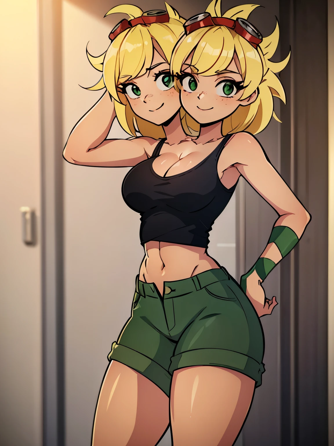 best quality, (masterpiece),(ultra-detailed), (high quality), (high resolution), ((2heads:1.5)), best quality:1.5, highres, UHD, 16K), smiling, highres, masterpiece, (blonde hair), (cleavage), (black short tank top), medium long hair, ((green denim shorts)), lustrous and smooth skin, (mature woman), (black eyes), (cute face), (exposed midriff), seductive silhouette, ((slim hips)), casual dress, sexy proportions, young girl with accentuated slender abs, long legs, seductive woman, lustrous woman, (large breasts), ((detailed eyes)), boots