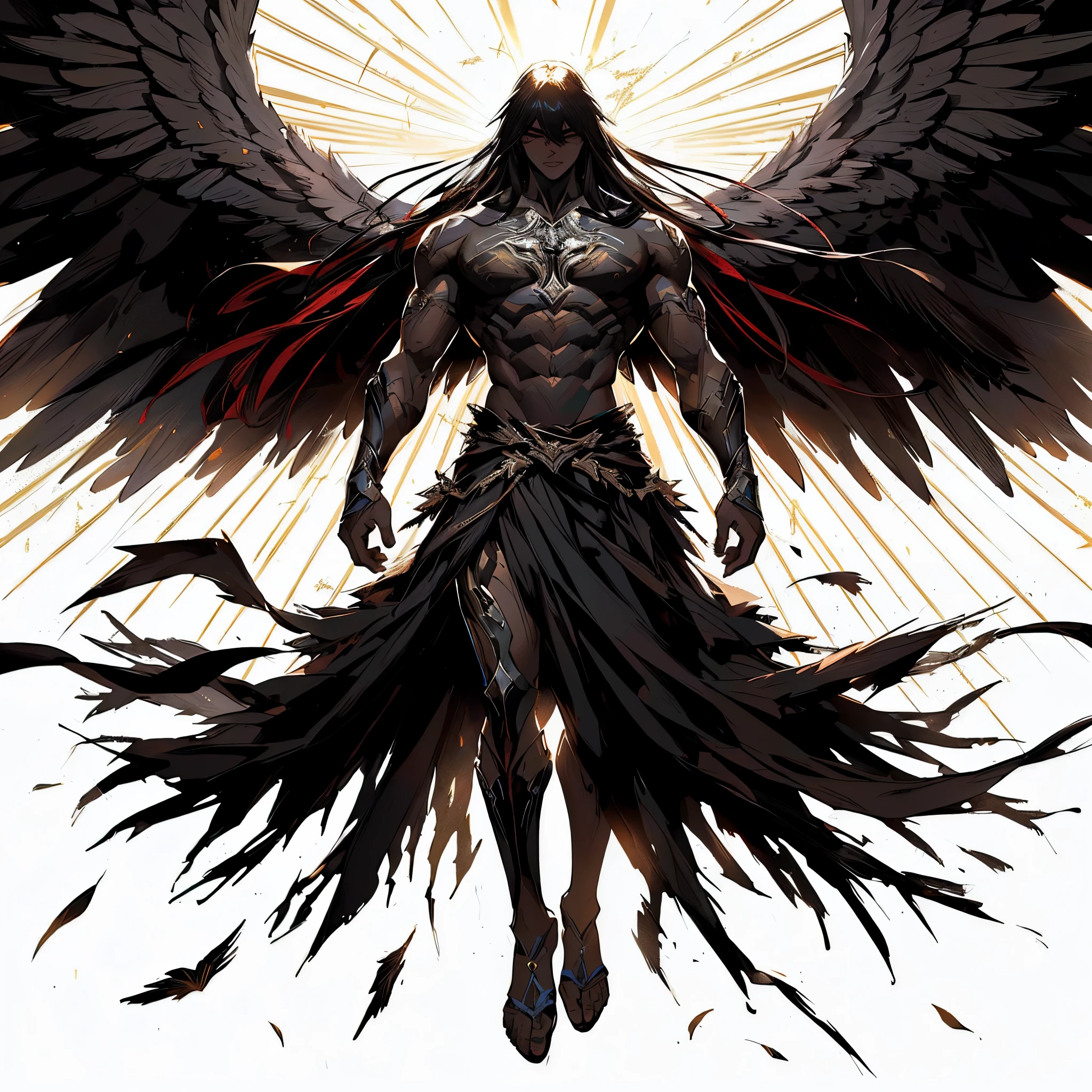 um desenho de um anjo masculino com cabelos ruivos e asas, lindo deus masculino da morte, Anjo sombrio, humano alado, asas de penas escuras, anjo com asas negras, the anjo da Morte, black wings instead of arms, Anjo sombrio of coffee, anjo da Morte, anjo super largo, arcanjo, male demon, tem asas pretas, Nefilins