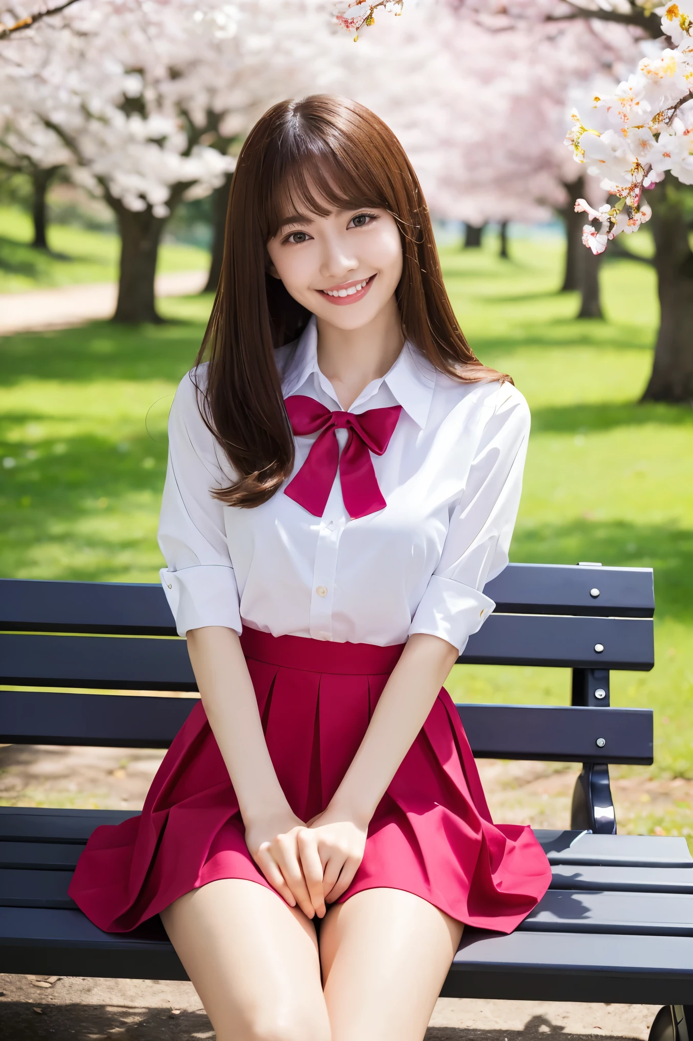 (highest quality、Tabletop、8k、Best image quality、Award-winning works)、One high school girl、16 years old、(alone:1.1)、Perfect beautiful composition、(Busty and bursting:1.2)、(Accentuate your body lines:1.2)、Slender body、(A perfect and accurate white polyester shirt:1.1)、(Navy Pleated Skirt:1.1)、(Red uniform ribbon on chest:1.1)、(sitting on a park bench:1.1)、(Bold Thick Legs:1.2)、(One of the most natural and perfect benches:1.2)、(The most accurate bench, Perfectly crafted:1.1)、(The biggest smile is looking at me:1.1)、(Smiling with perfect beautiful teeth:1.1)、(Beautiful park background with strong blur:1.1)、The most natural and perfect beauty park、A perfectly maintained park、Standing Elegantly、Natural Makeup、(beautiful thick legs:1.2)、Ultra-high definition beauty face、Ultra HD Hair、Ultra HD Shining Eyes、(Ultra-high resolution glossy skin:1.1)、Super high quality glossy lip、(Accurate anatomy:1.1)、(very bright and vivid:1.1)、(Handcrafted to perfection:1.2)、Cherry tree in the distance