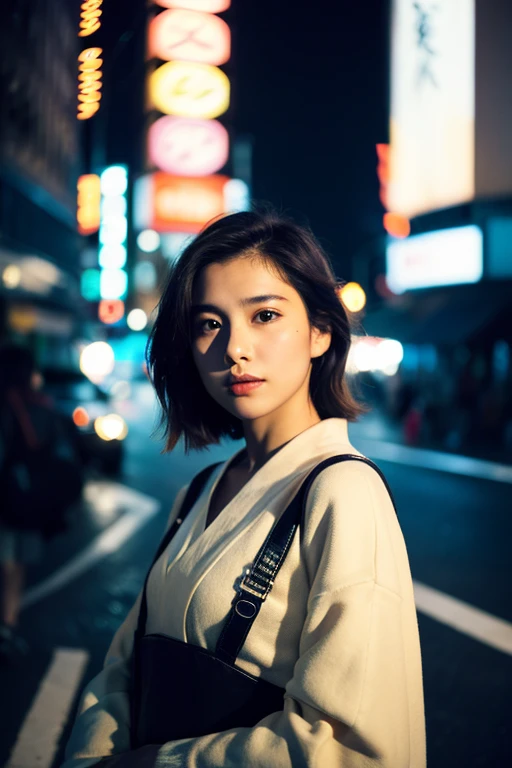 ((highest quality)), ((masterpiece)), (Cinematic aesthetics:1.4) Bokeh city night photo of a beautiful Japanese fashion model