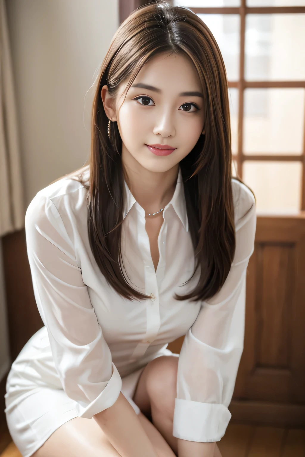(RAW Photos), (Realistic), (masterpiece), (highest quality), High resolution, 8k, (Intricate details), (Volumetric Light), Portraiture, woman, Age 25, Medium Hair, Straight hair, Layered Hair, Brown Hair, Very beautiful eyes, Source order, Very thin eyebrows, Very fine skin, Very beautiful mouth, Very nice nose, Cute like an idol, smile, (Thick lips), (Looking at the audience), (White Collar Dress Shirt), Above the knee shot,Slim figure、