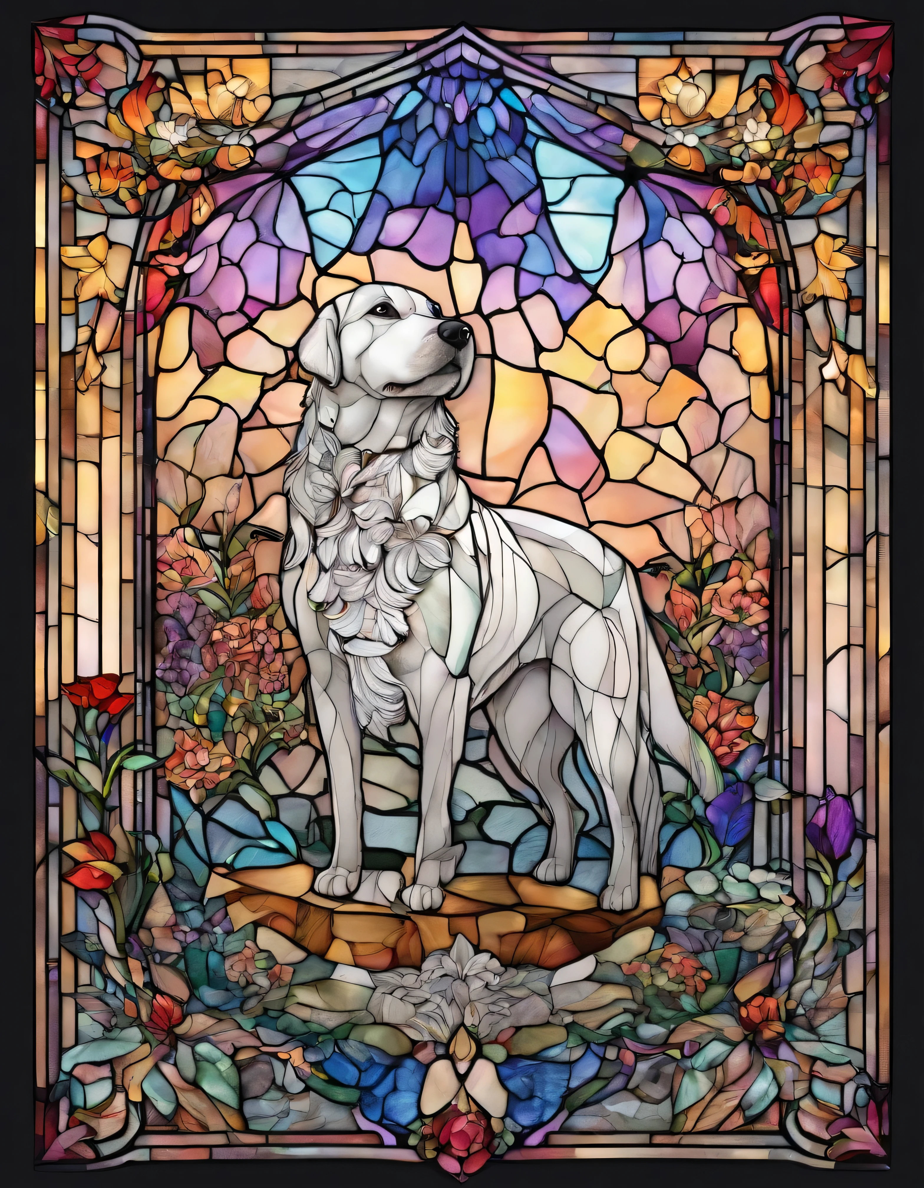 dog、Innocence、Transparent glass、very elaborate stained glass、Amethyst Crystal, Iridescent Labradorite Crystals、Intricate and highly detailed backgrounds, Fantasy, Craftsmanship, Craftsmanship detailed, Complex