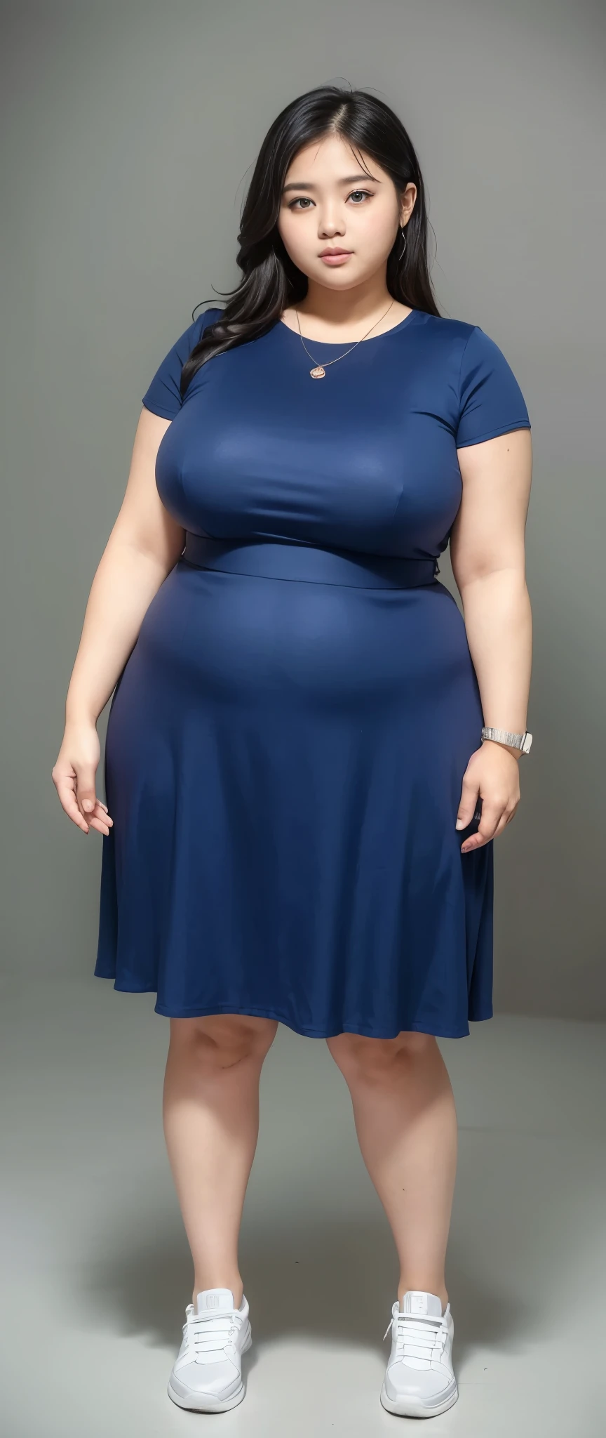 ((best quality)), ((masterpiece)), (detailed), perfect face, wanita chubby dewasa, wearing thight dress and thight skirt, chubby cheeks, chubby arm, chubby thighs, big breasts, wearing a sneakers, medium hair style, full body photoshoot, tattooed body