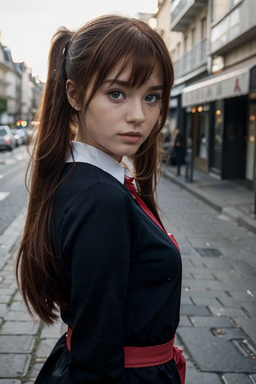 (best quality), High resolution,Asuka Langley Soryu, Beautiful pretty mixed German , (pretty face), sexy Lippen, Auburn Twin Tails Rothaarige, intensiver Blick, dark blue detailed beautiful eyes, Kombinieren Sie Realismus und Anime-Einfluss, (dynamische pose), Street-Fashion-Fotografie, paris street, Rote Jacke, Ribbon hair, schwarzer Rock, Modell