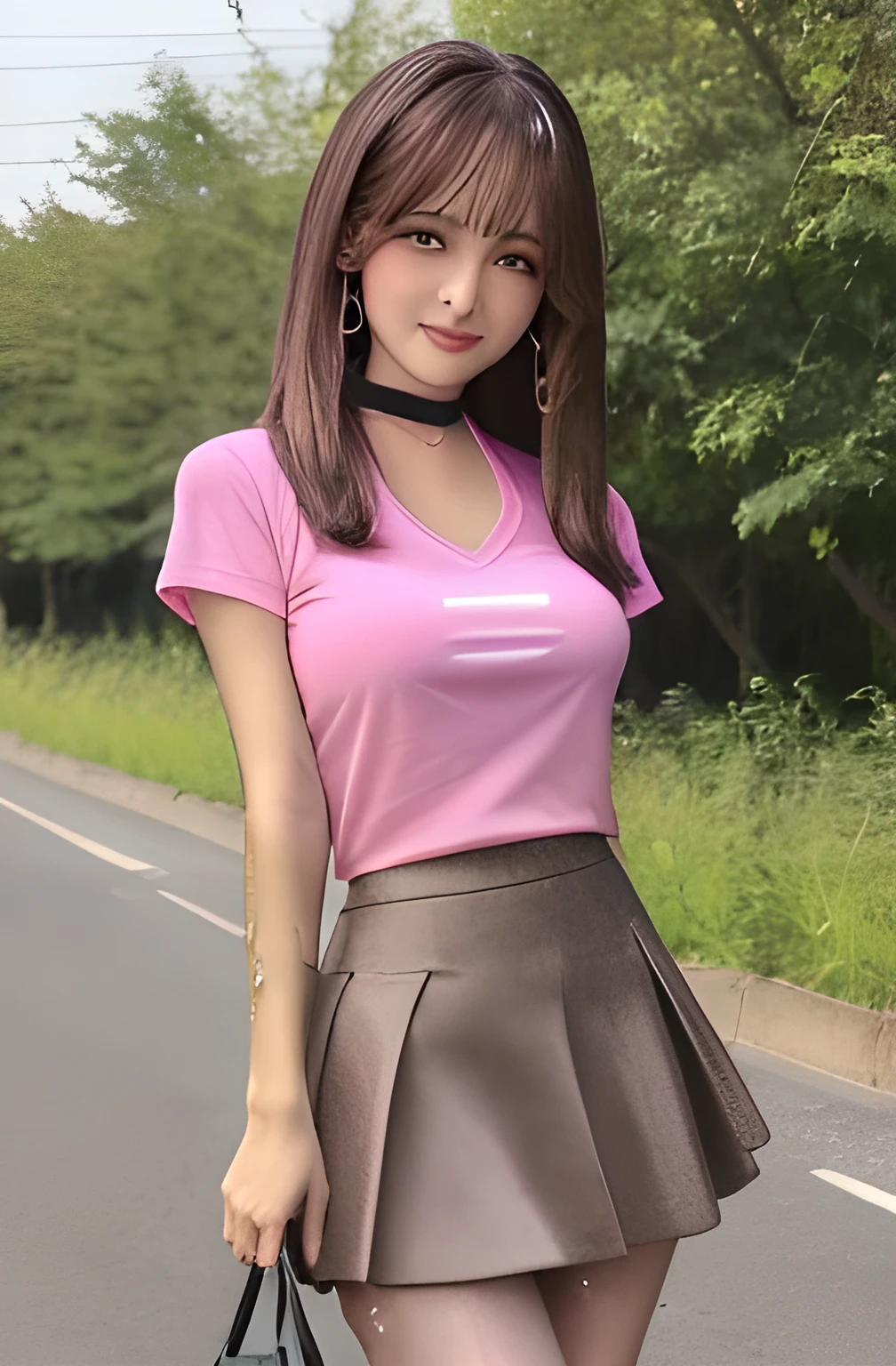 masterpiece, Front view, Cute Japanese aristocratic woman, (輝くBrown Hair, Straight length Hair), ((Pink Tight T-shirt, mini skirt)), Very cute face, Glossy Lips, Double eyelids on both eyes, Natural Makeup, Brown Hair, Asymmetrical bangs, High resolution, Attention to detail, Detailed hairstyle, Detailed face, Octane Rendering, Ultra-realistic, Perfect limbs, ((Black Choker)), blue eyes, (Big Breasts), ((The body is slim:1.5)), Cool Beauty, ((Slim face)), smile, Mature Woman, Browsing Caution:-1.2, length, bushy eyelashes, Cleavage, ((Suburban countryside)), Slime Girl, Body-only slime