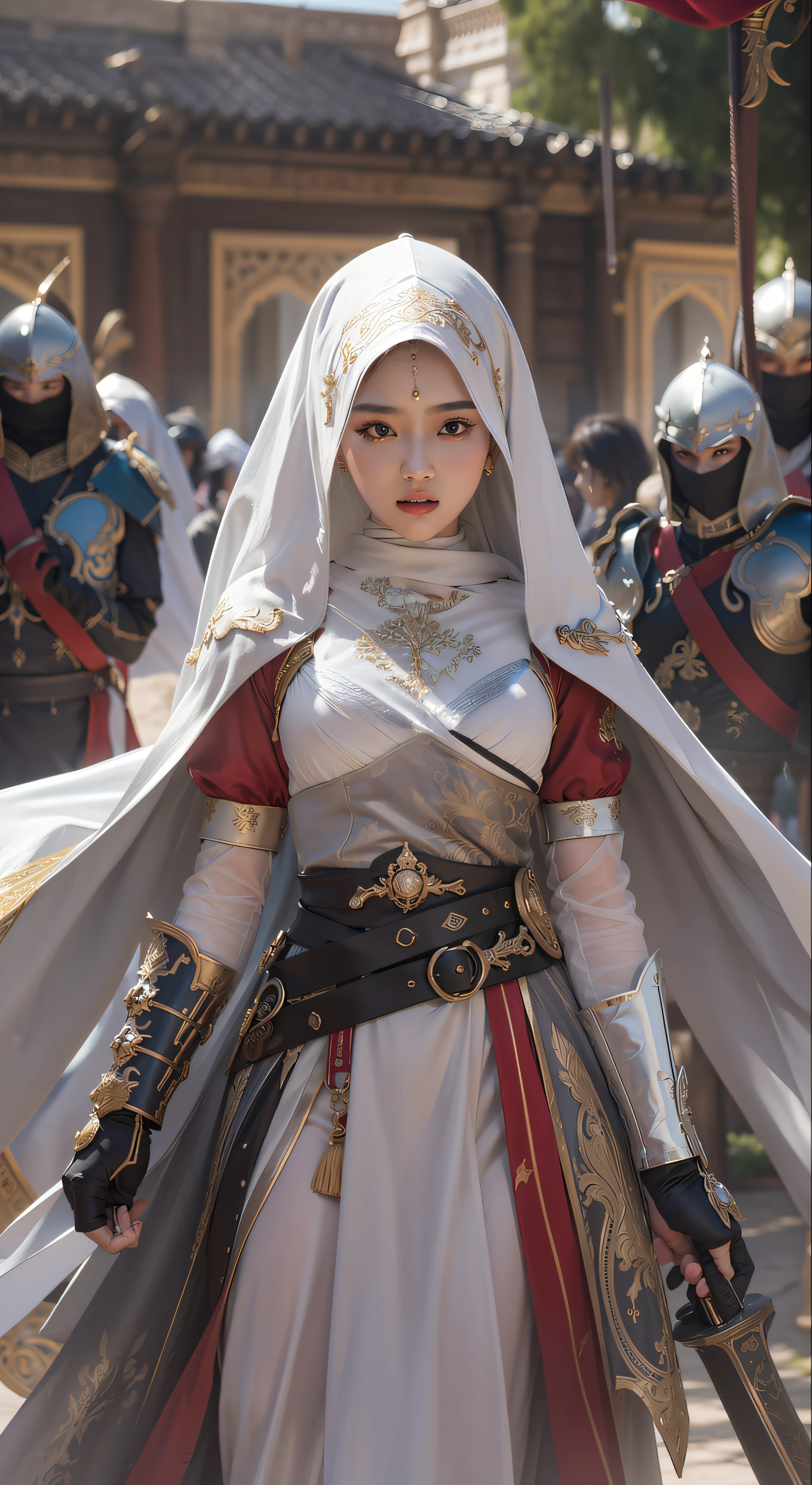 masterpiece, best quality, cinematic light, ultra high res, 8k uhd, intricate details, nature light, film grain, dreamlike, perfect anatomy, best shadow, delicate, RAW>, pleasured expression, spotless face, perfect face, perfect body, expressive eyes, 2girls, wearing cape hijab, attacking each other, sword fighting on the battlefield in front yard of a sultan palace, whole body covered by long dress, wearing full body battle armor, chest cover accessories, non-transparent clothing, angry face, kpop idol face, perfect face, perfect body, big chest,